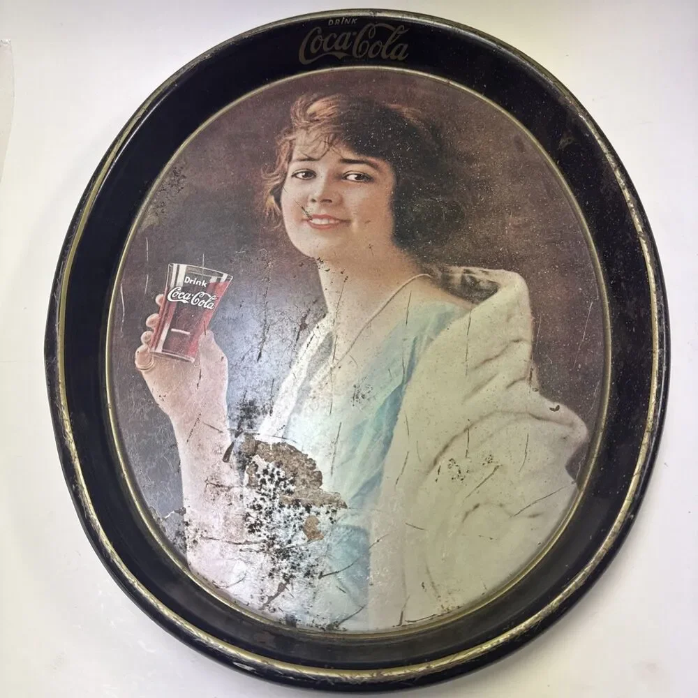 1983 oval Coca-Cola metal serving tray LADY IN BLUE DRESS reproduction 15x 12